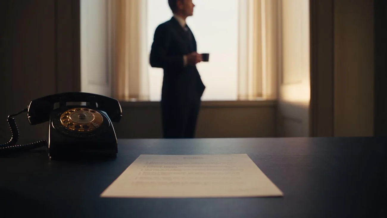 Ein Mann am Fenster, auf dem Schreibtisch ein Telefon