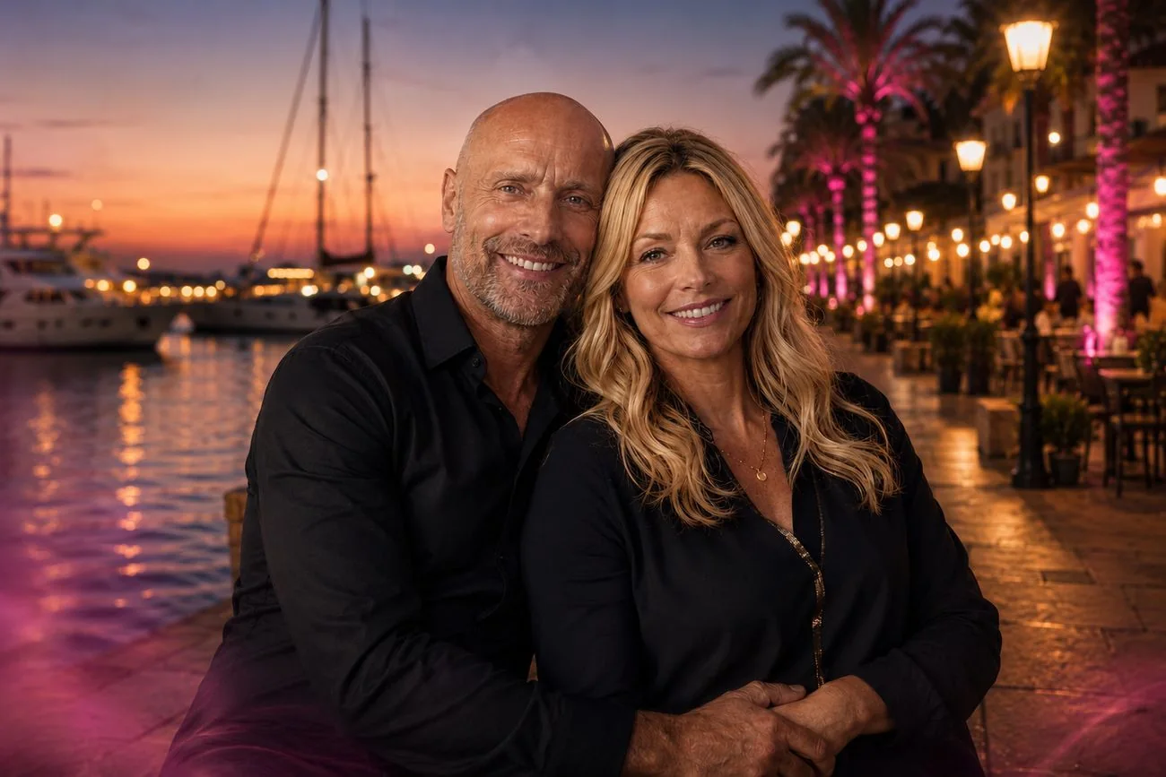 Robert und Mona Kämpf am Abend an einem Hafen