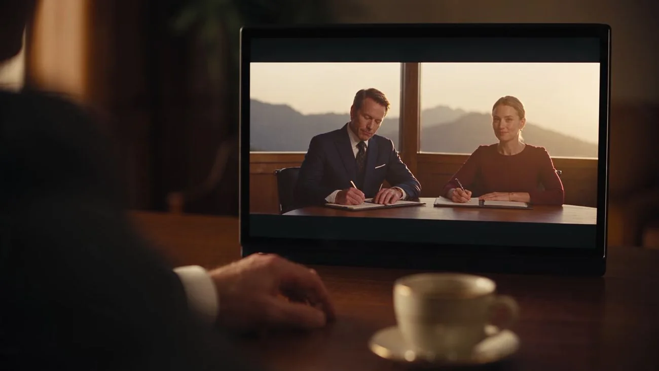 Videogespräch auf einem Bildschirm, davor eine Tasse Kaffee